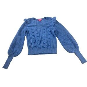 Lilly Pulitzer Kippa Women Blue Long Balloon Sleeve Pom Pom Sweater Small